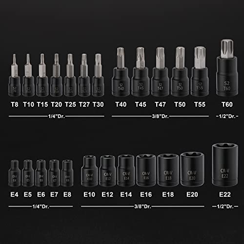 EMENTOL Torx Bit and E-Torx Socket Set, 25pcs, 1/4 & 3/8 & 1/2-inch Drive, Star Bits T8-T60, E Sockets E4-E22, CR-V & S2 Steel - Image 2