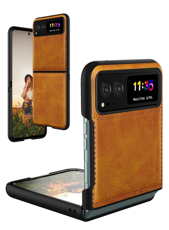 Foluu for Motorola Razr 2023 Case, Leather + Hard PC Shell, Ultra Thin Slim, Durable Protective Phone Cover, Yellow - Image 1
