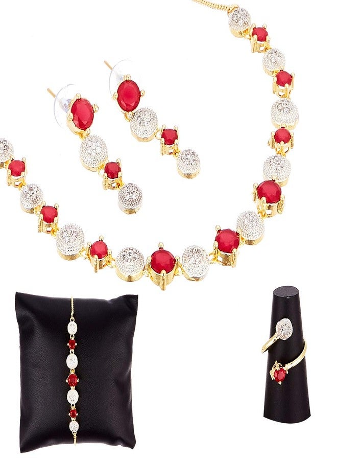 KENNICE Gold-Plated American Diamond Necklace with Earrings, Bracelet and Ring Jewellery Set For Girls and Women - Image 2