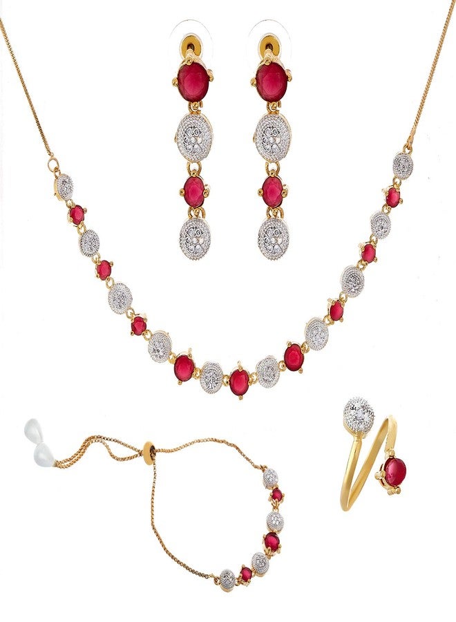 KENNICE Gold-Plated American Diamond Necklace with Earrings, Bracelet and Ring Jewellery Set For Girls and Women - Image 1