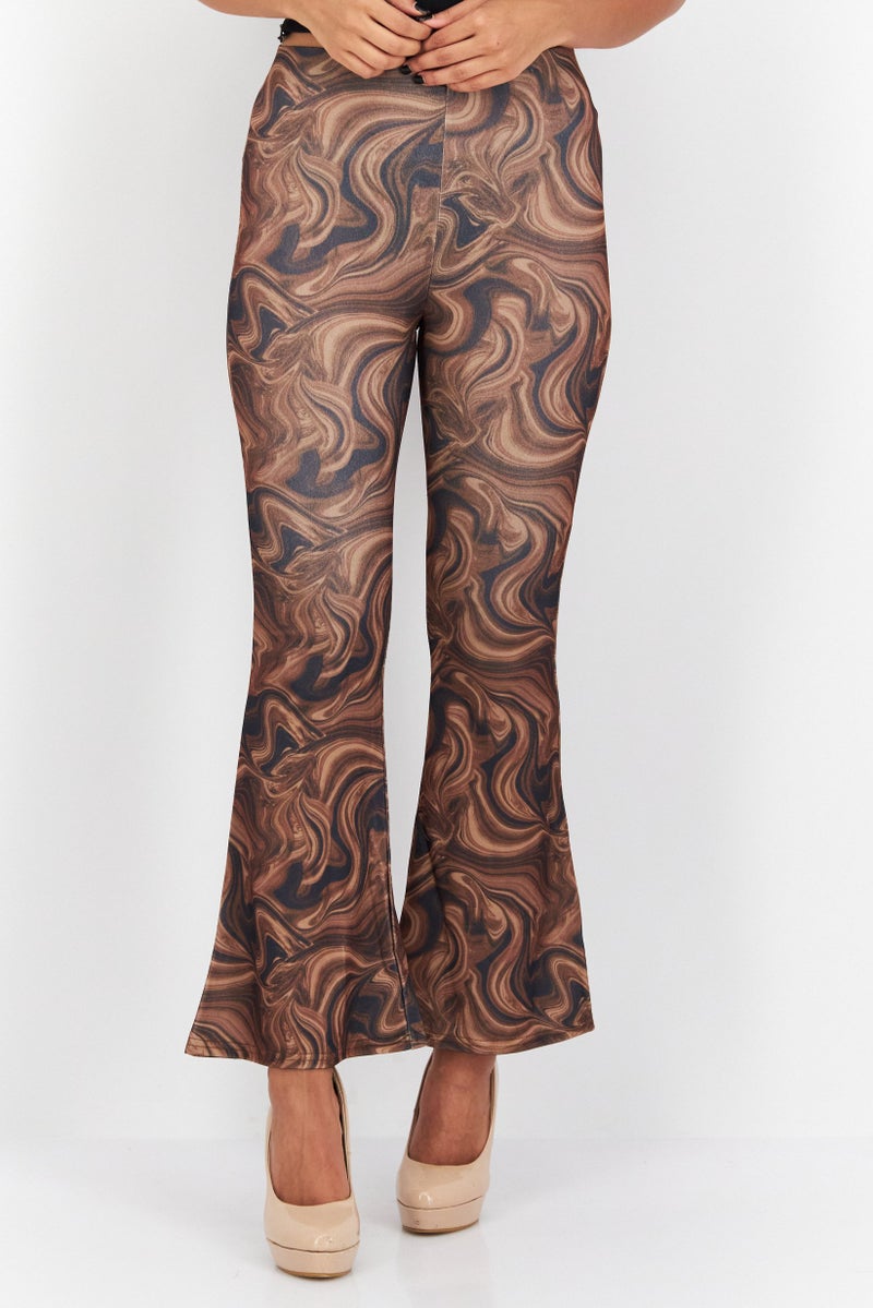 NEW LOOK Women Petite Marble Print Pull-On Flare Leg Pants, Brown Combo  - Image 1