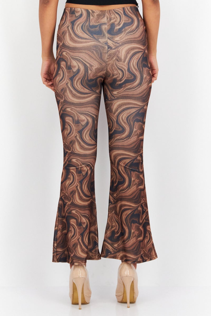 NEW LOOK Women Petite Marble Print Pull-On Flare Leg Pants, Brown Combo  - Image 2