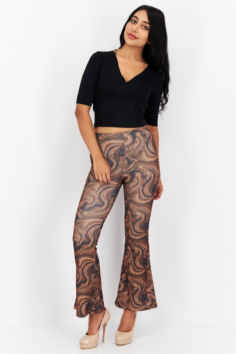 NEW LOOK Women Petite Marble Print Pull-On Flare Leg Pants, Brown Combo  - Image 3