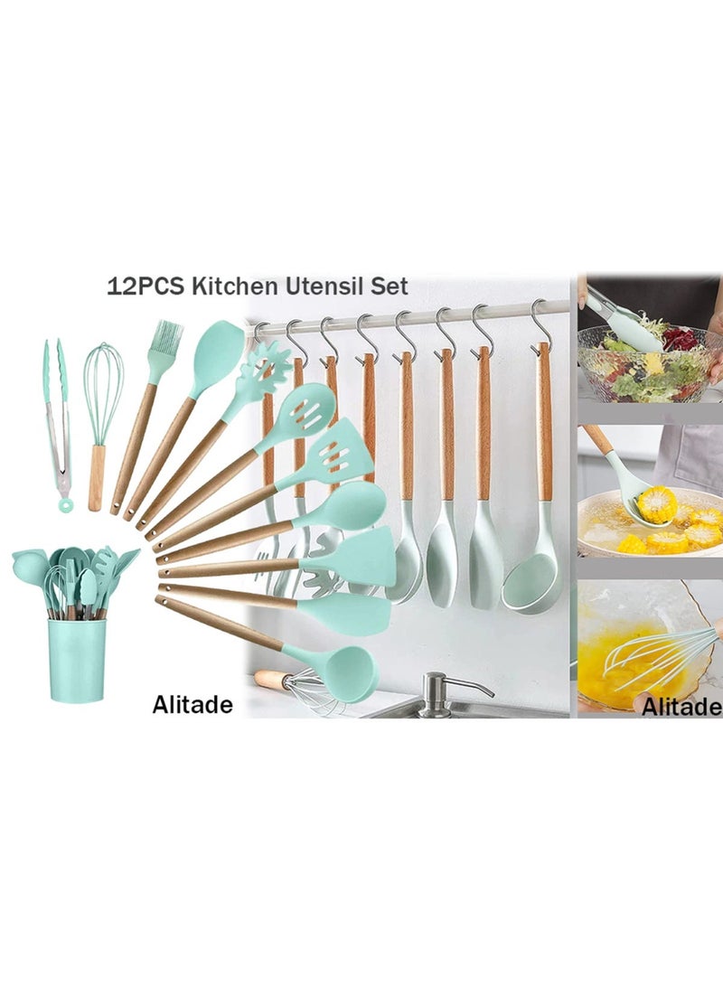 YOONISPRO Silicone Kitchen Utensil Set 12PCS Heat Resistant Cooking Tools with Wooden Handles for Non-Stick Cookware Everyday Use Home Cooking - Image 1