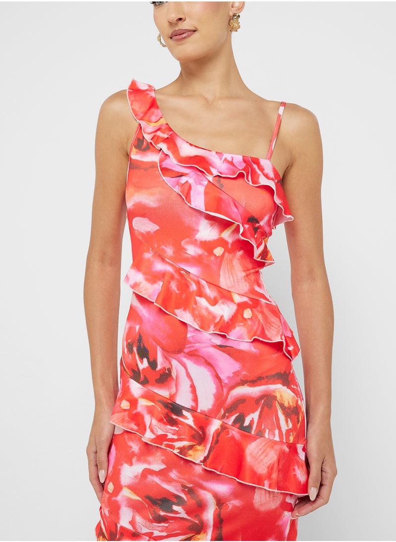 Ginger One Shoulder Frill Detail Floral Maxi Dress  - Image 3