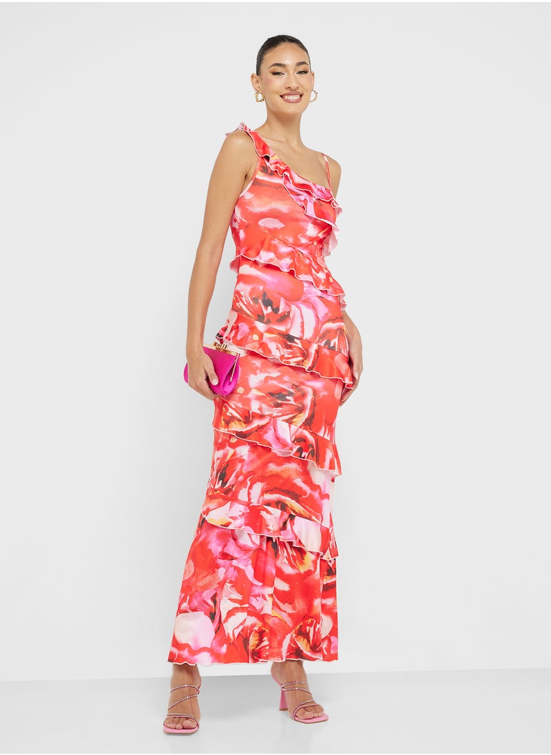 Ginger One Shoulder Frill Detail Floral Maxi Dress  - Image 1