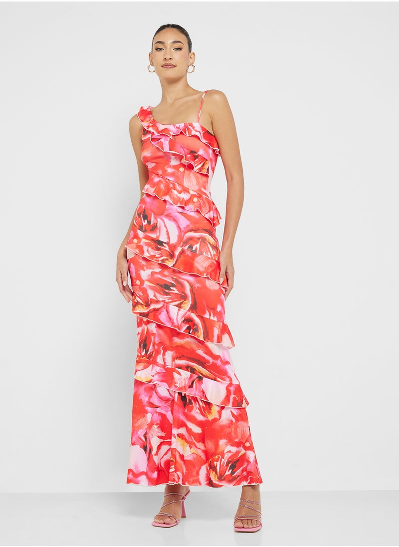 Ginger One Shoulder Frill Detail Floral Maxi Dress  - Image 4