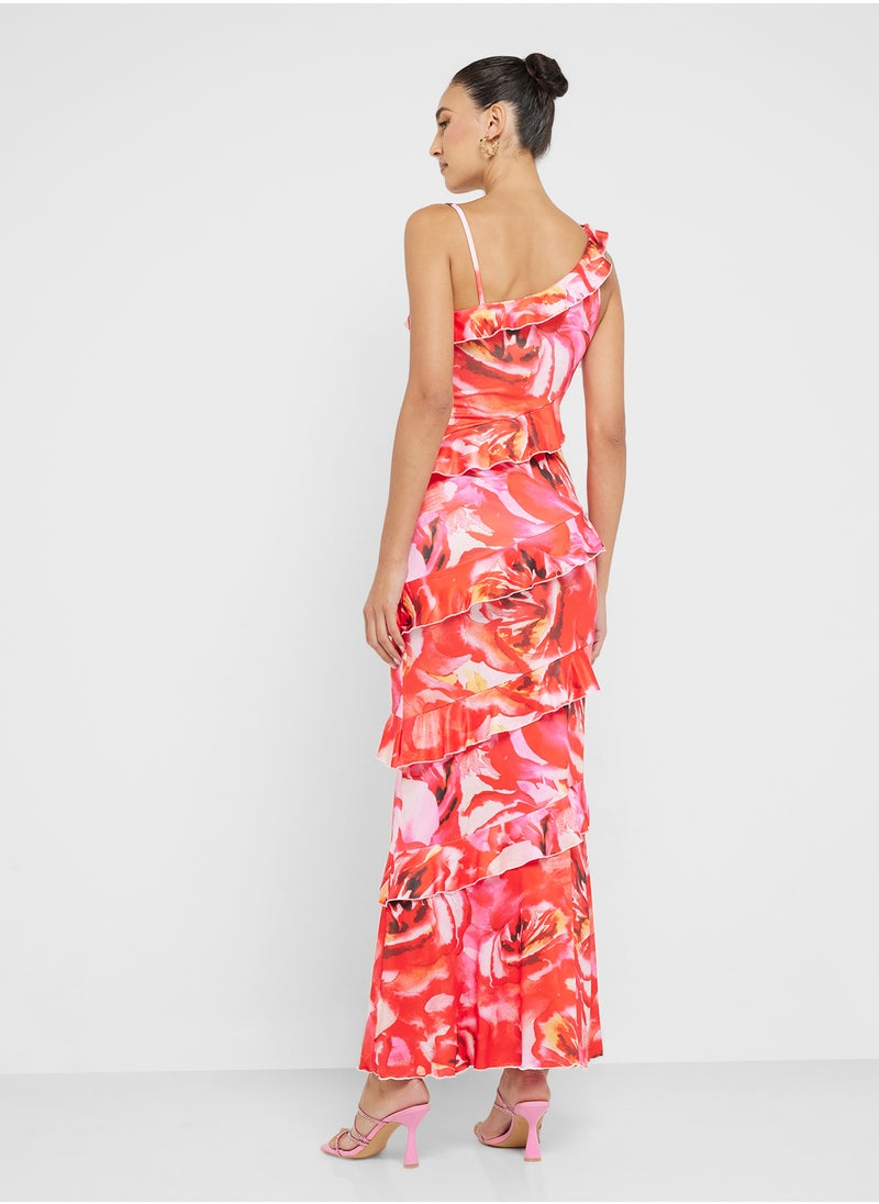 Ginger One Shoulder Frill Detail Floral Maxi Dress  - Image 2