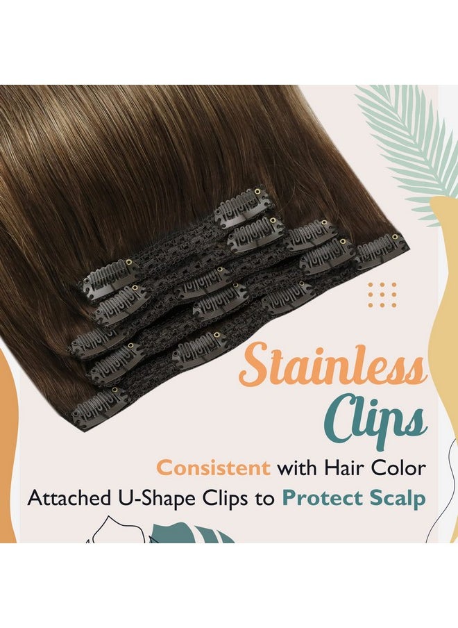 Ve Sunny Ombre Clip On Hair Extensions 22Inch Clip In Human Hair Extensions Brown Balayage Clip In Hair Extensions Human Hair Long Hair Clip In Extensions Dark Brown With Caramel Blonde 120G 7Pcs  - Image 4