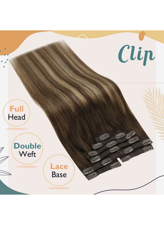 Ve Sunny Ombre Clip On Hair Extensions 22Inch Clip In Human Hair Extensions Brown Balayage Clip In Hair Extensions Human Hair Long Hair Clip In Extensions Dark Brown With Caramel Blonde 120G 7Pcs  - Image 2