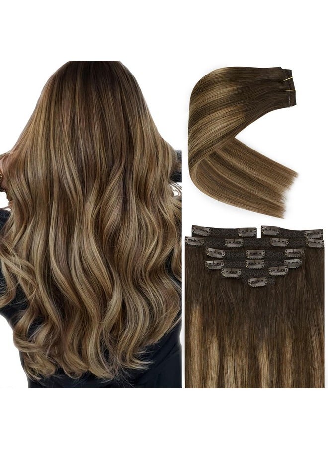 Ve Sunny Ombre Clip On Hair Extensions 22Inch Clip In Human Hair Extensions Brown Balayage Clip In Hair Extensions Human Hair Long Hair Clip In Extensions Dark Brown With Caramel Blonde 120G 7Pcs  - Image 1