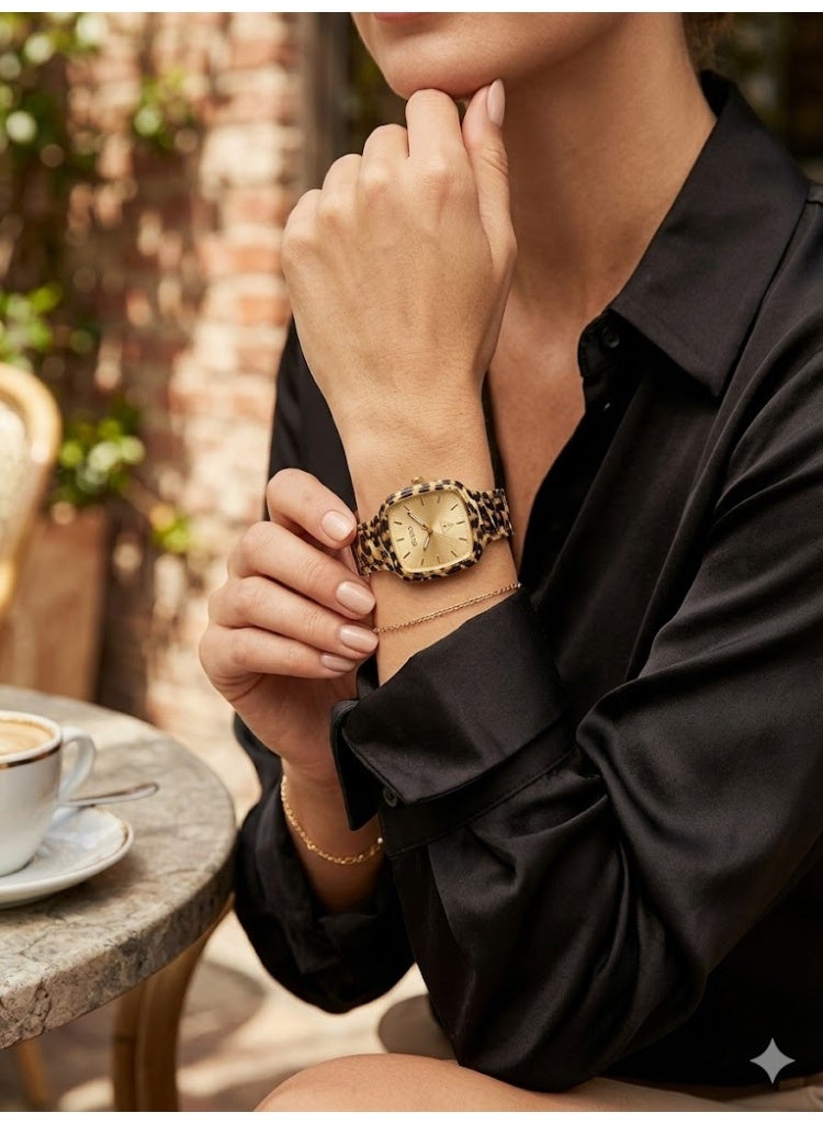 GUESS Women's Cushion Case Watch, Leopard Print Frame, Gold Dial - Image 2