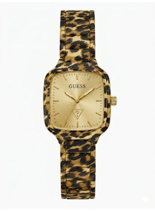 GUESS Women's Cushion Case Watch, Leopard Print Frame, Gold Dial