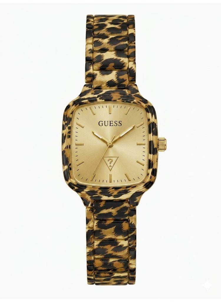 GUESS Women's Cushion Case Watch, Leopard Print Frame, Gold Dial - Image 1