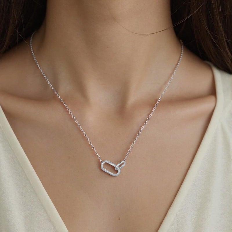 SUNFEEL 925 Sterling Silver Pendant Necklace for Women, Dainty Interlocking Paperclip Necklaces with Cubic Zirconia for Mom Wife Girlfriend Bridal Jewelry Gift for Prom Birthday Anniversary Party (Silver, 16+2'') - Image 3