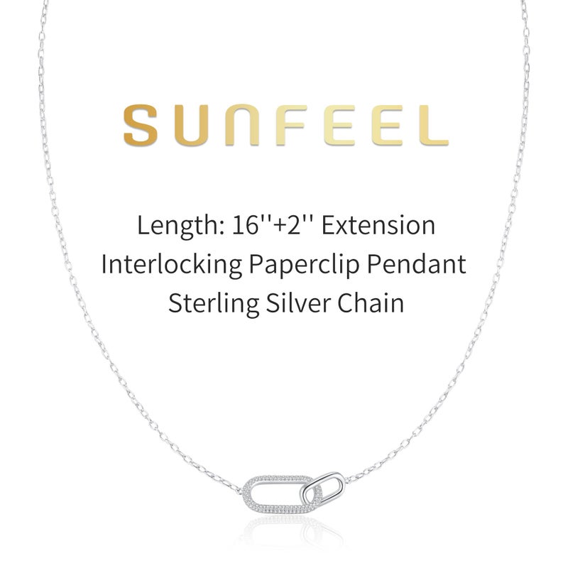 SUNFEEL 925 Sterling Silver Pendant Necklace for Women, Dainty Interlocking Paperclip Necklaces with Cubic Zirconia for Mom Wife Girlfriend Bridal Jewelry Gift for Prom Birthday Anniversary Party (Silver, 16+2'') - Image 5