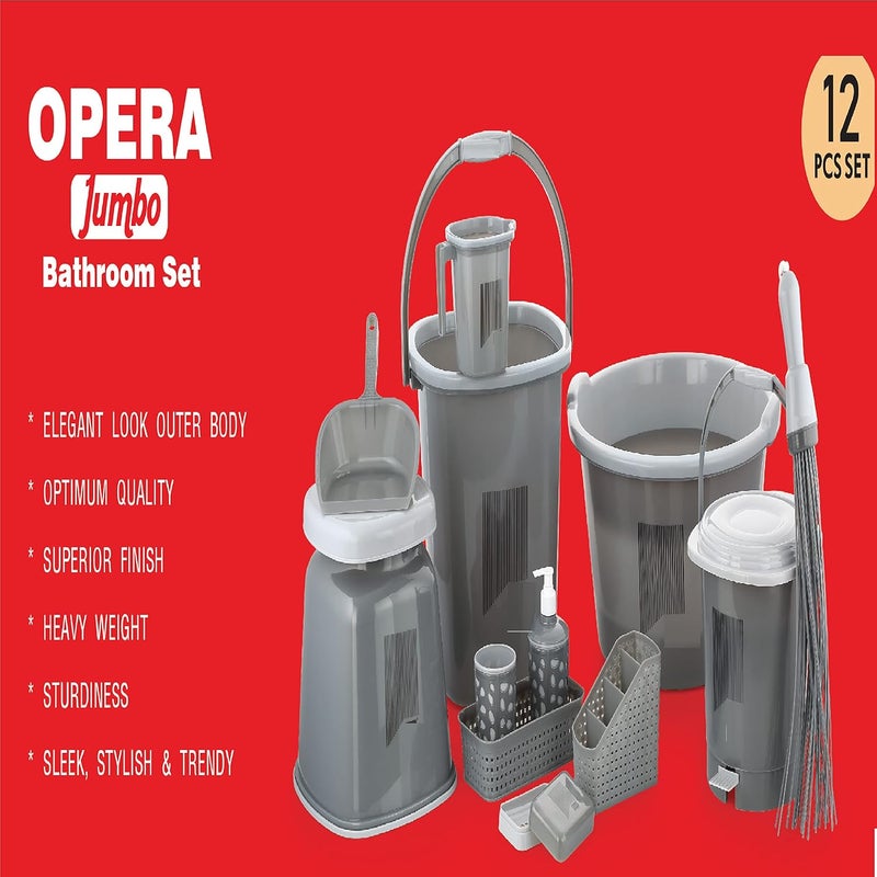 TeDeMel Tedemel 12 pcs Bigger Jumbo Bathroom Set 25 Liter Bucket 30 LTR Big Tub 15 LTR Mug Pedal Dustbin Stool Soap Case Organiser Holder Gargle Glass Soap Dispenser Broom Dust pan Dark Grey  - Image 2