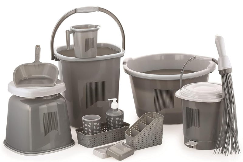 TeDeMel Tedemel 12 pcs Bigger Jumbo Bathroom Set 25 Liter Bucket 30 LTR Big Tub 15 LTR Mug Pedal Dustbin Stool Soap Case Organiser Holder Gargle Glass Soap Dispenser Broom Dust pan Dark Grey  - Image 1