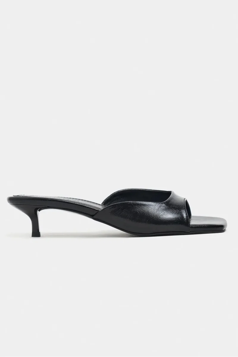 Nisantasi Shoes Hazel Rustic Patterned Square Toe Slim Heel Mules — Black