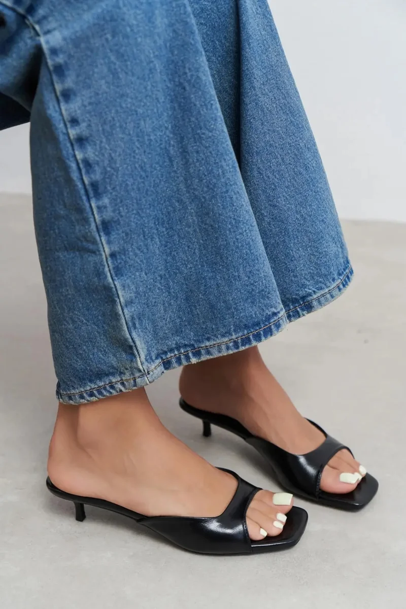 Nisantasi Shoes Hazel Rustic Patterned Square Toe Slim Heel Mules — Black