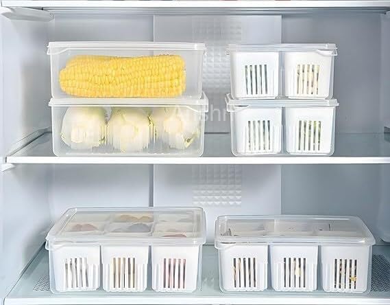 Anshri 6 in 1 Fridge Storage Boxes Freezer Storage Containers Kitchen Storage Set Vegetable Storage Draining Crisper Refrigerator Food Box Container for Kitchen Storage Pack Of 1 - Image 3