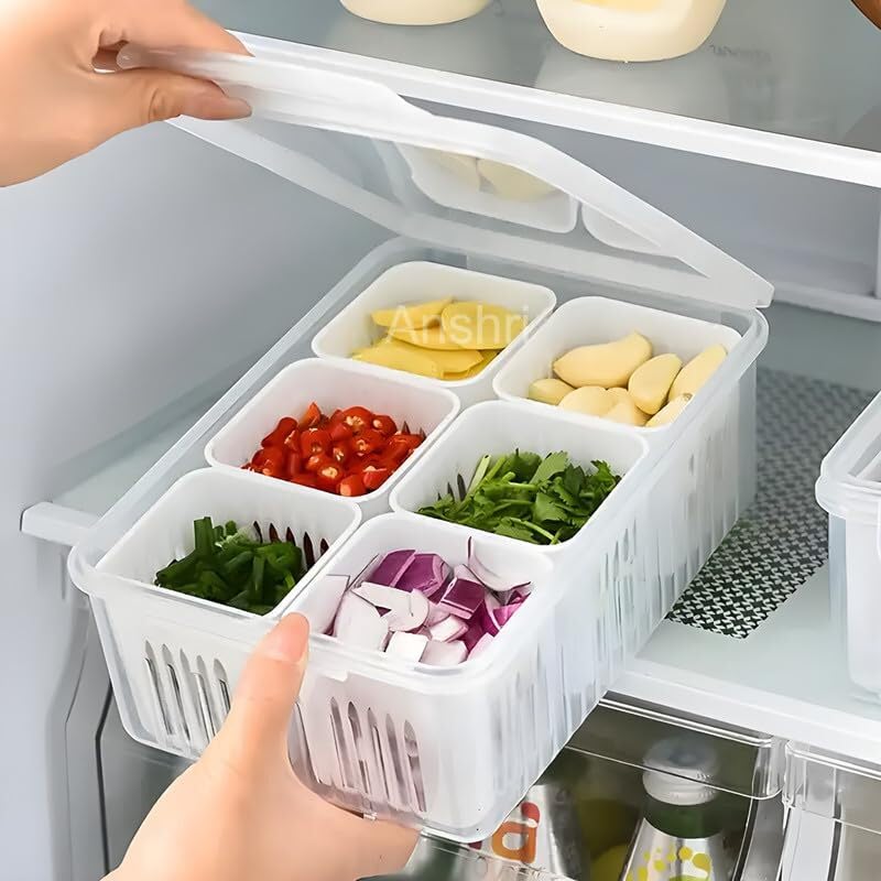 Anshri 6 in 1 Fridge Storage Boxes Freezer Storage Containers Kitchen Storage Set Vegetable Storage Draining Crisper Refrigerator Food Box Container for Kitchen Storage Pack Of 1 - Image 1