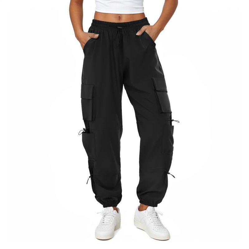 COPYLEAF Womens Parachute Cargo Pants with Pockets Quick Dry Hiking Pants Lightweight Water-Resistant Baggy Joggers(Black XXL) - Image 1