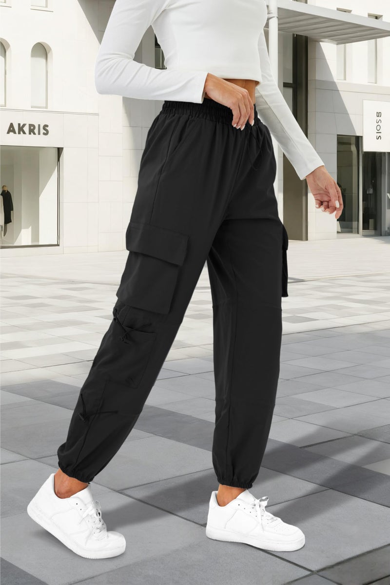 COPYLEAF Womens Parachute Cargo Pants with Pockets Quick Dry Hiking Pants Lightweight Water-Resistant Baggy Joggers(Black XXL) - Image 2