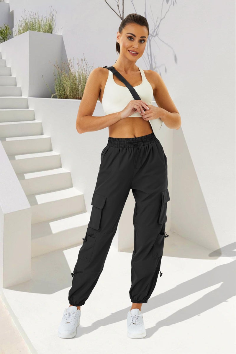 COPYLEAF Womens Parachute Cargo Pants with Pockets Quick Dry Hiking Pants Lightweight Water-Resistant Baggy Joggers(Black XXL) - Image 3