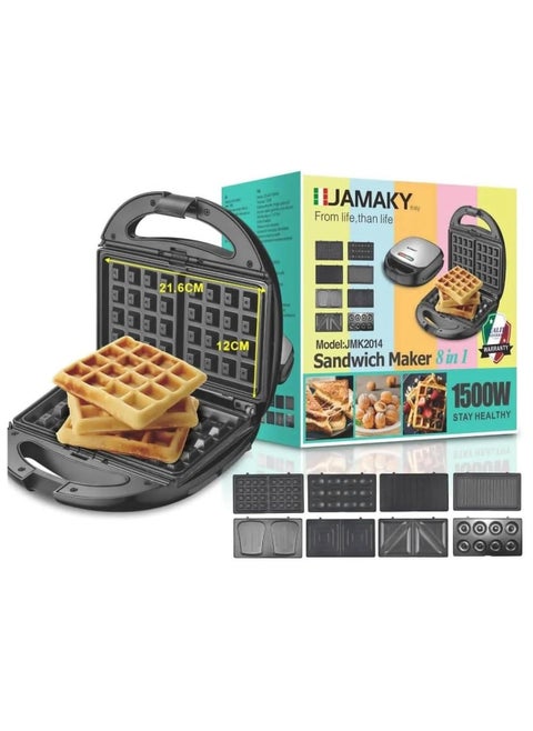 Jamaki 8 in 1 Sandwich and Dessert Maker 1500W Non-Stick Coating, Fixing Clip, Easy to Use and Clean Multipurpose for Waffles, Sandwiches, Donuts, Nuts - JMK2014