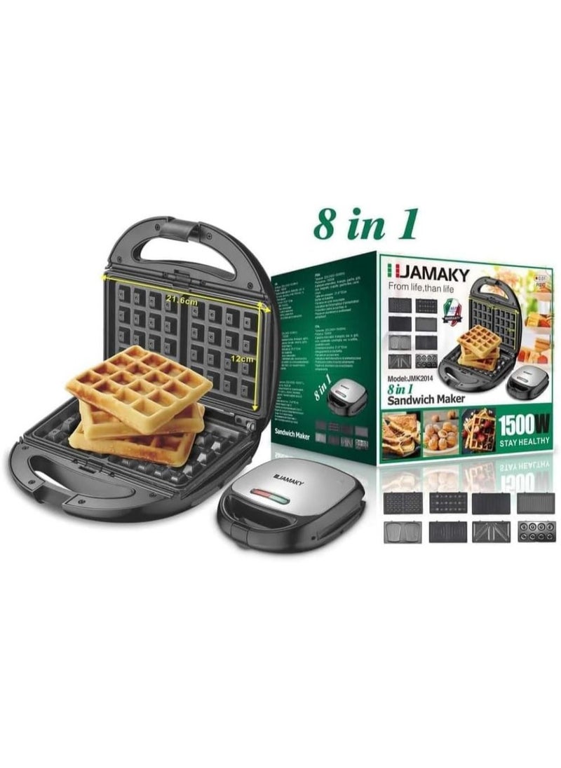 Jamaki 8 in 1 Sandwich and Dessert Maker 1500W Non-Stick Coating, Fixing Clip, Easy to Use and Clean Multipurpose for Waffles, Sandwiches, Donuts, Nuts - JMK2014