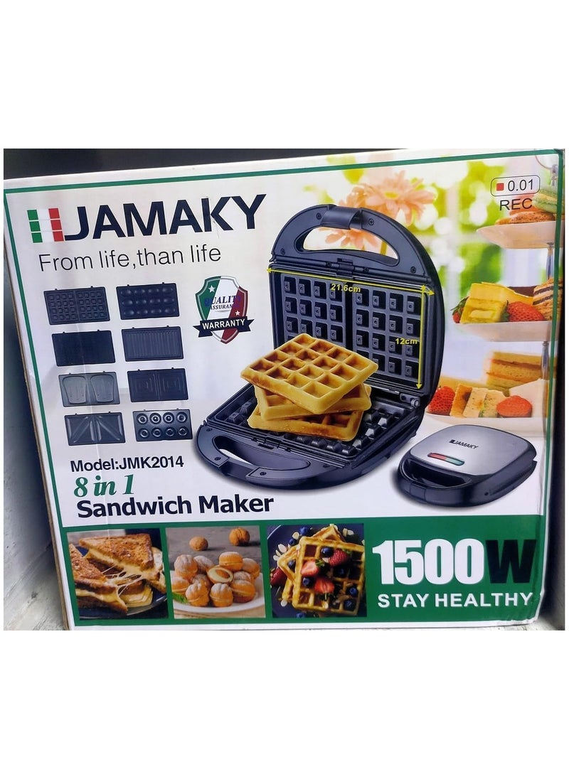 Jamaki 8 in 1 Sandwich and Dessert Maker 1500W Non-Stick Coating, Fixing Clip, Easy to Use and Clean Multipurpose for Waffles, Sandwiches, Donuts, Nuts - JMK2014