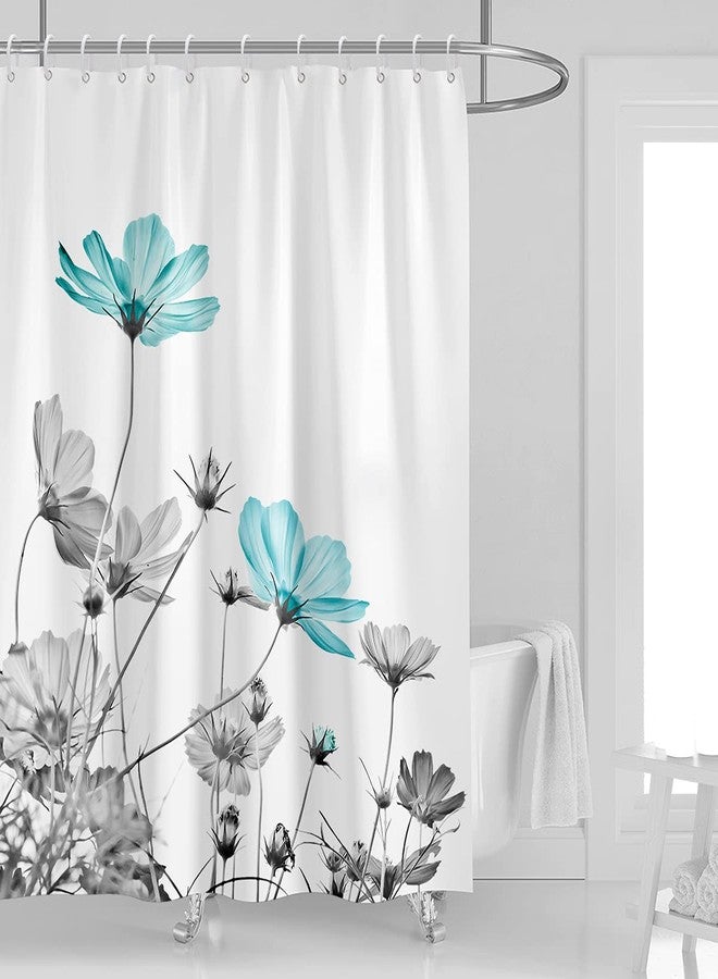 Kikiry Teal and Gray Floral Shower Curtain 60''W x 72''L Grey White Daisy Flower Elegant Wildflower Design Farmhouse Polyester Fabric12 Pack Plastic Hooks - Image 1