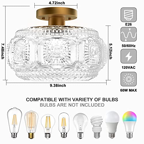 OYKYOHEI Semi Flush Mount Ceiling Light, Globe Glass Ceiling Light Fixture, Gold Modern Lighting for Hallway Porch Corridor Kitchen Bedroom, Bulb Not Included - Image 3