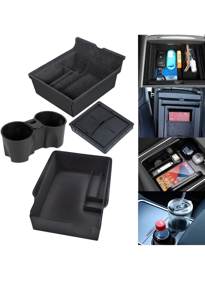 KYD Center Console Organizer Tray Cup Holder Insert 4PCS Upgrade for 2021 2022 2023 Tesla Model 3 Y Interior Accessories Flocked Organizer Armrest Hidden Cubby Drawer Storage Box ABS Material Custom Fit  - Image 1