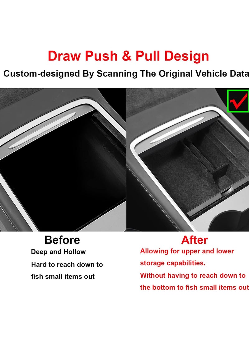 KYD Center Console Organizer Tray Cup Holder Insert 4PCS Upgrade for 2021 2022 2023 Tesla Model 3 Y Interior Accessories Flocked Organizer Armrest Hidden Cubby Drawer Storage Box ABS Material Custom Fit  - Image 3