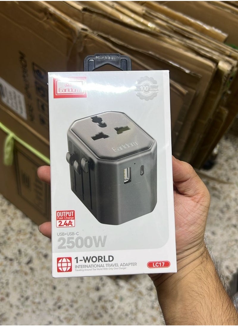 Earldom World Travel Adapter – 2500W Max – USB + Type-C Fast Charging – Universal Plug Support – 2.4A Output | Safety Protected 