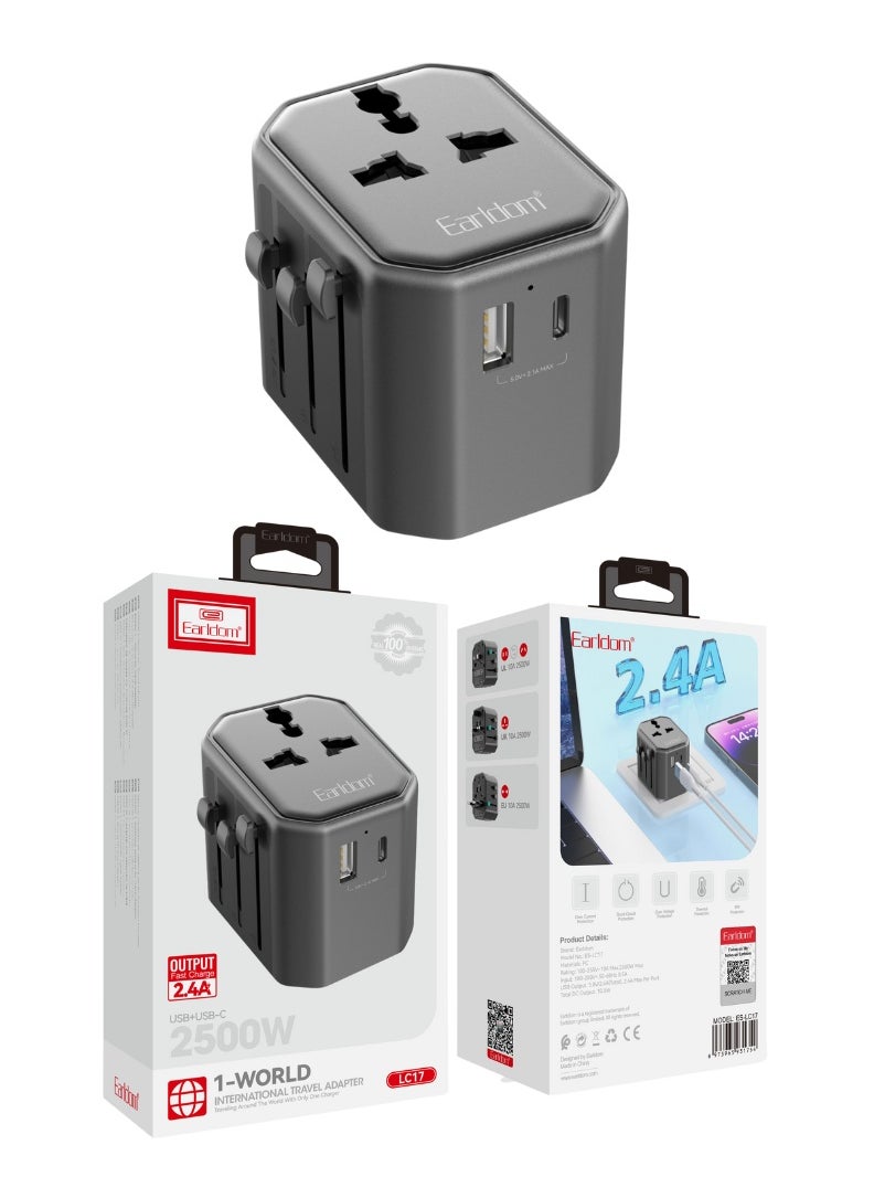 Earldom World Travel Adapter – 2500W Max – USB + Type-C Fast Charging – Universal Plug Support – 2.4A Output | Safety Protected  - Image 1