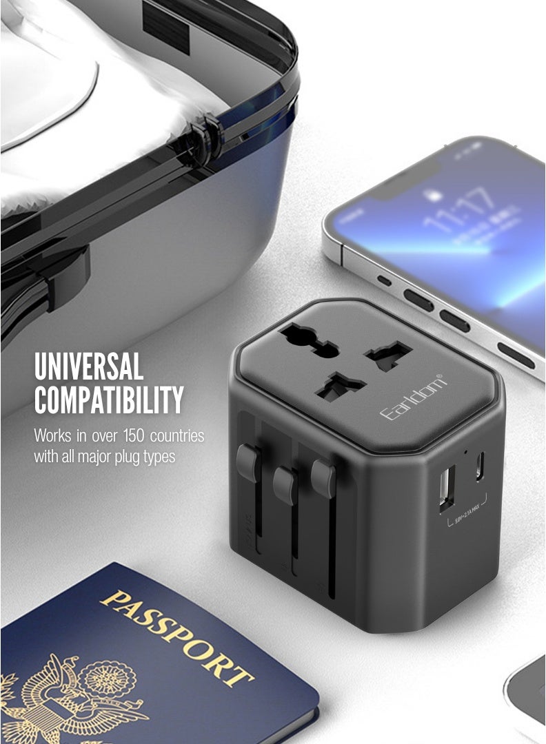 Earldom Universal World Travel Multiplug Adapter 2500W | 1 Year Warranty | All‑in‑One International Power Plug with UK/US/EU/AU Support | USB & Type‑C Fast Charging Ports 2.4A | Safety Fuse Protection for Laptop, Mobile & Gadgets  - Image 2
