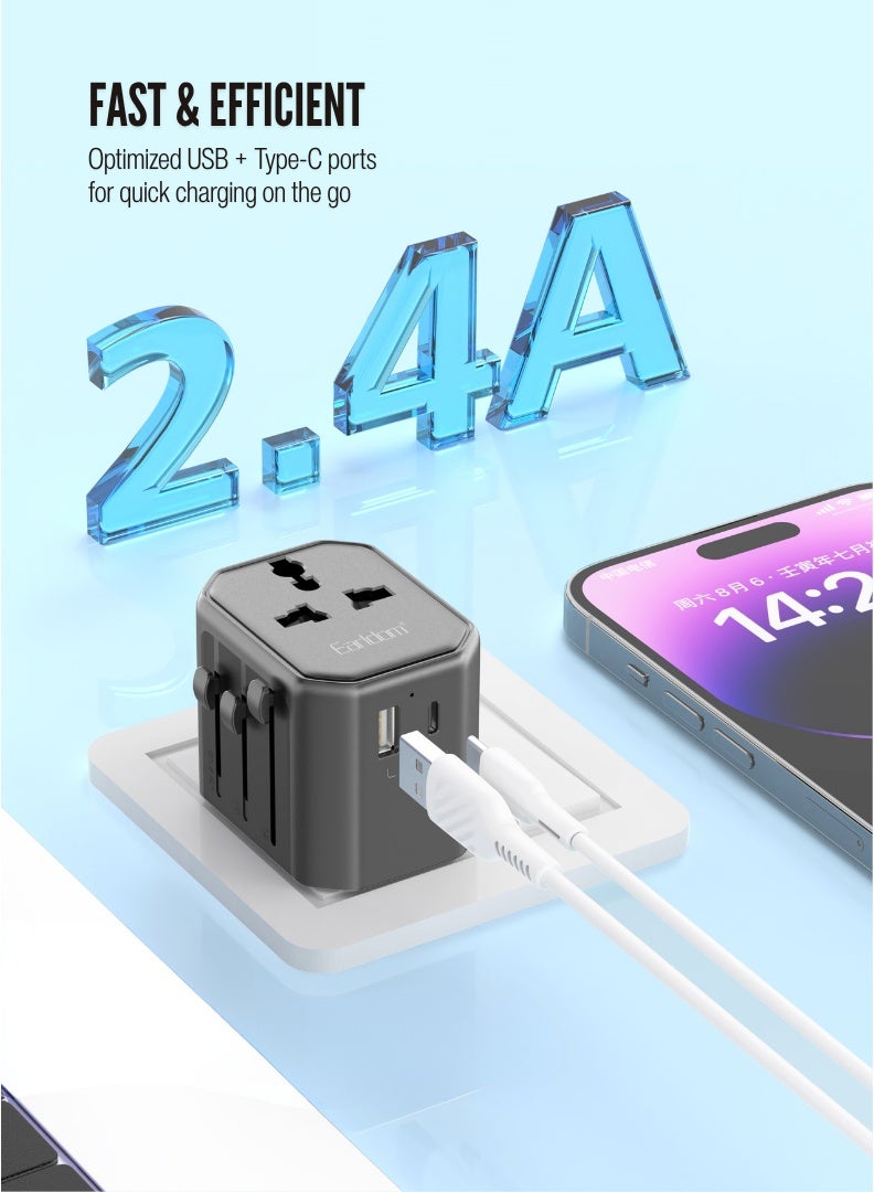 Earldom Universal World Travel Multiplug Adapter 2500W | 1 Year Warranty | All‑in‑One International Power Plug with UK/US/EU/AU Support | USB & Type‑C Fast Charging Ports 2.4A | Safety Fuse Protection for Laptop, Mobile & Gadgets  - Image 5