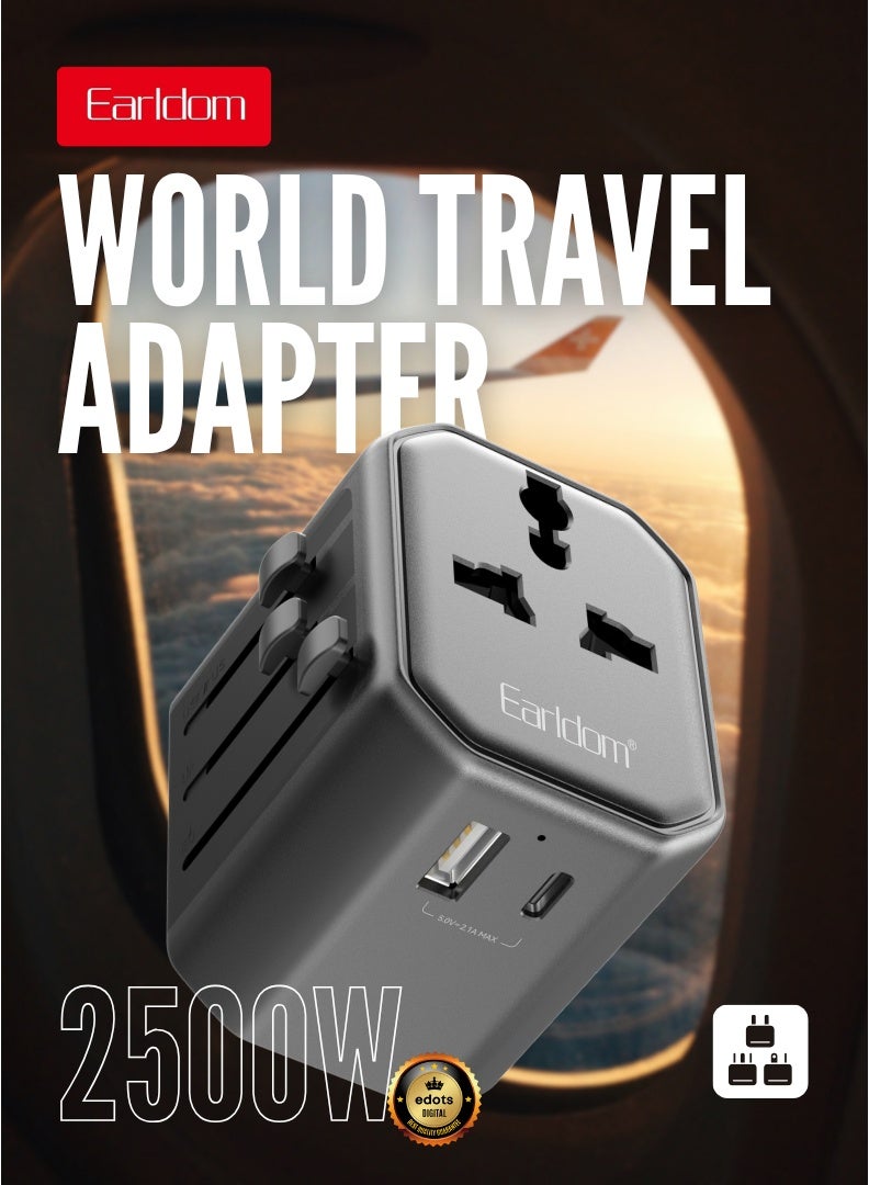 Earldom Universal World Travel Multiplug Adapter 2500W | 1 Year Warranty | All‑in‑One International Power Plug with UK/US/EU/AU Support | USB & Type‑C Fast Charging Ports 2.4A | Safety Fuse Protection for Laptop, Mobile & Gadgets  - Image 1