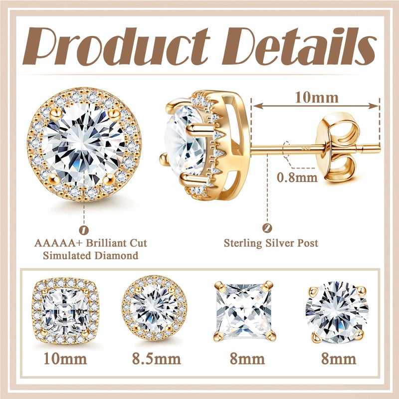 MILACOLATO Cubic Zirconia Stud Earrings Women Men 18K Yellow Gold Plated Hypoallergenic Sterling Silver Post Earrings Brilliant Large Simulated Diamond Halo Stud Earrings for Sensitive Ears - Image 4