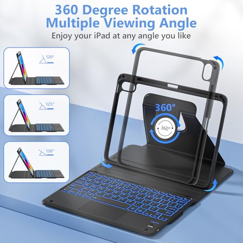 TaIYanG Touchpad for iPad A16 11th/10th Generation Case with Keyboard, 7 Color Backlit 360 Rotation Cover with Pencil Holder,Detachable Keyboard for iPad 11 inch 2025/10th Gen 10.9'' 2022 (Black) - Image 4