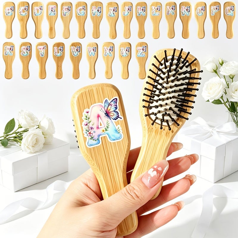 1pc Small Air Cushion Comb Natural Bamboo Wood Letter Print Detangling Hairbrush with Rounded Teeth For Long And Curly Hair Portable Home Hair Styling Tool - Image 1