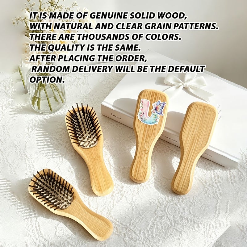 1pc Small Air Cushion Comb Natural Bamboo Wood Letter Print Detangling Hairbrush with Rounded Teeth For Long And Curly Hair Portable Home Hair Styling Tool - Image 3
