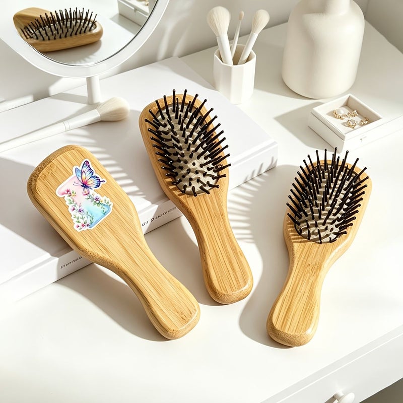 1pc Small Air Cushion Comb Natural Bamboo Wood Letter Print Detangling Hairbrush with Rounded Teeth For Long And Curly Hair Portable Home Hair Styling Tool - Image 2