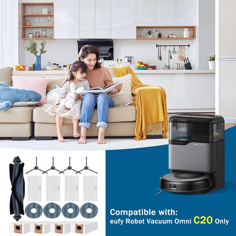 Detetap طقم قطع غيار C20 Omni لمكنسة Eufy C20 Omni الروبوتية: 1 فرشاة دوارة | 4 فرش جانبية | 4 فلاتر | 4 مساحات تنظيف | 4 أكياس غبار - 17 قطعة - Image 2