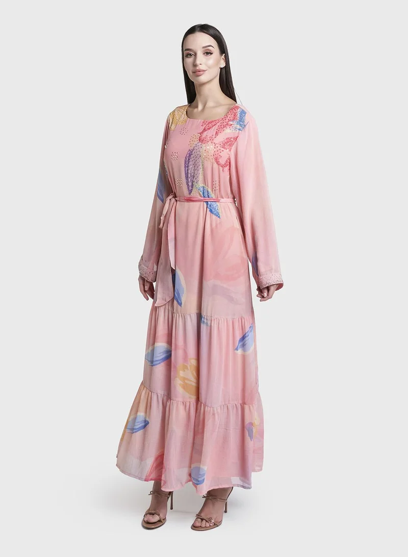Kashkha  Peach Colour Leaf Print Hand Work Chiffon Long Dress (VDX21) for Women | Best Price UAE