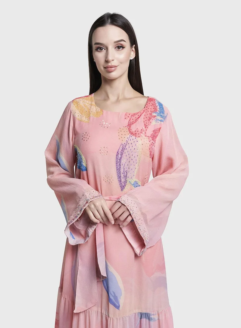 كشخة Peach Colour Leaf Print Hand Work Chiffon Long Dress (VDX21)