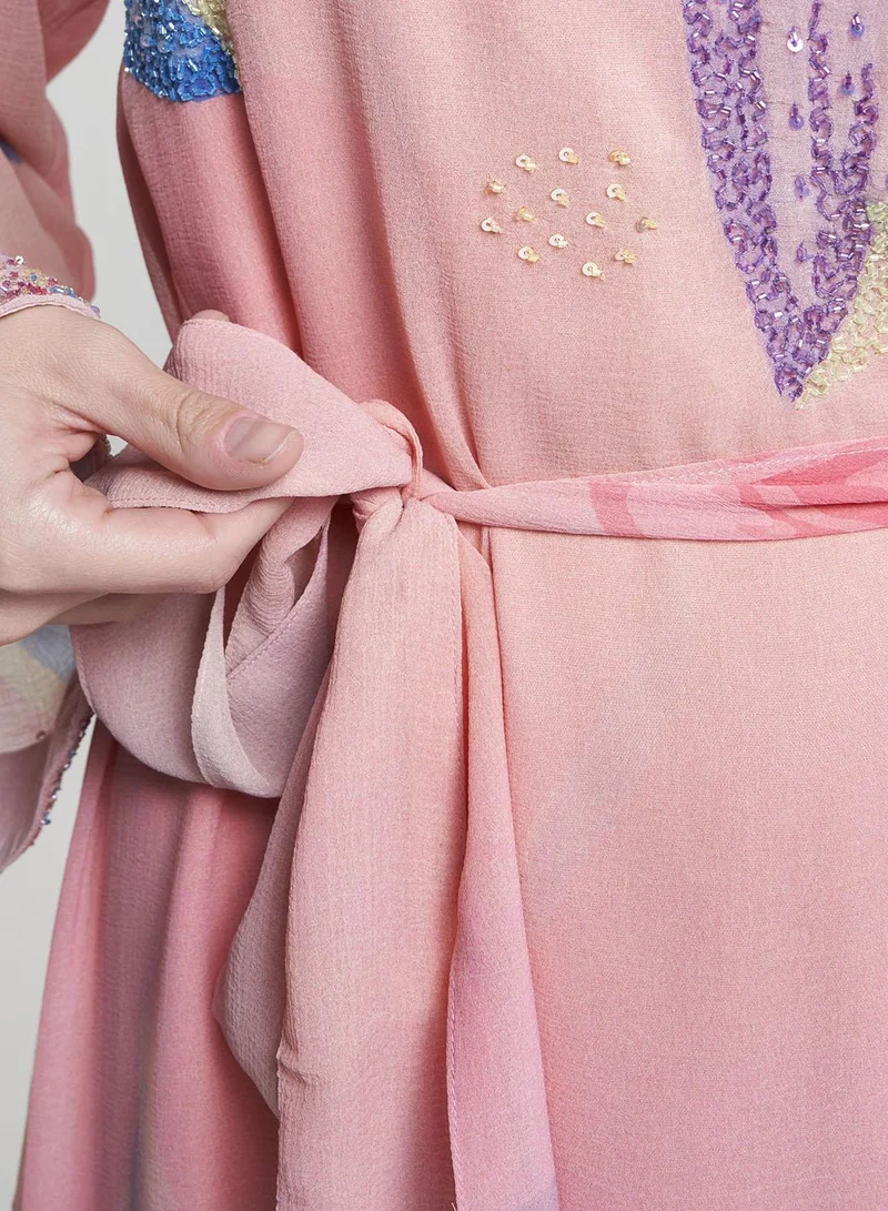 Kashkha  Peach Colour Leaf Print Hand Work Chiffon Long Dress (VDX21) for Women | Best Price UAE